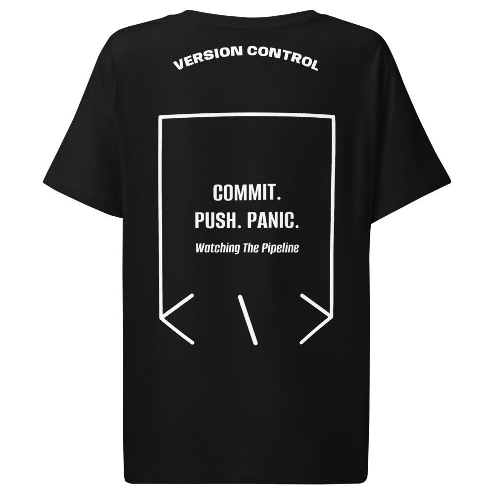 Commit. Push. Panic. — Black White back mockup