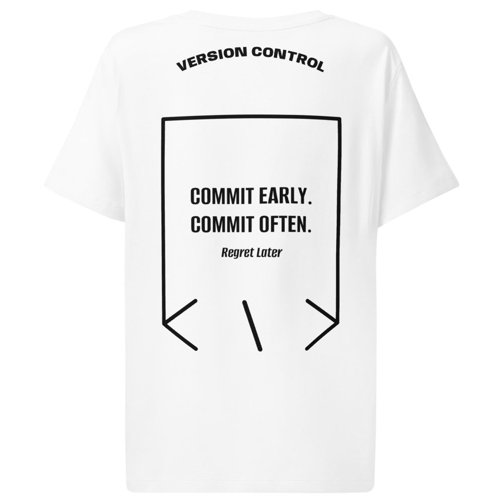 Commit Early. Commit Often. — White Black back mockup