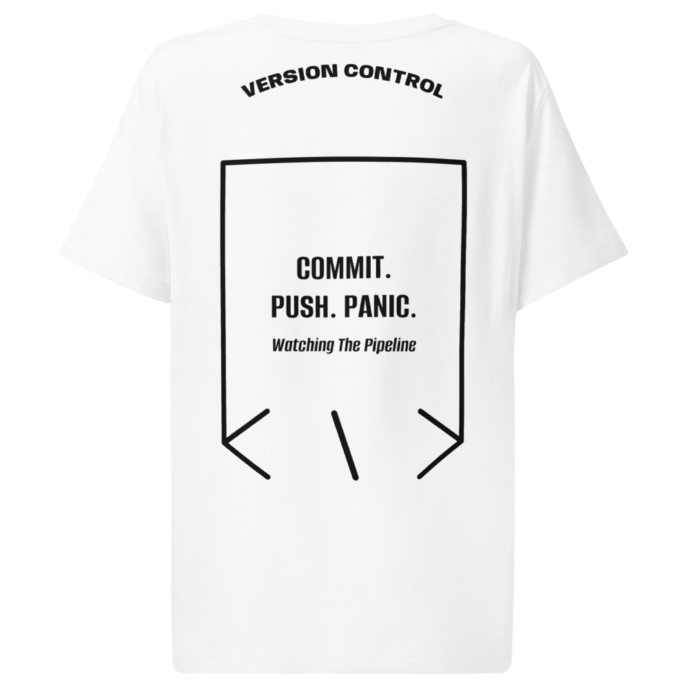 Commit. Push. Panic. — White Black back mockup