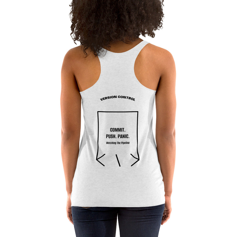 Commit. Push. Panic. — Heather White Vintage Black back mockup