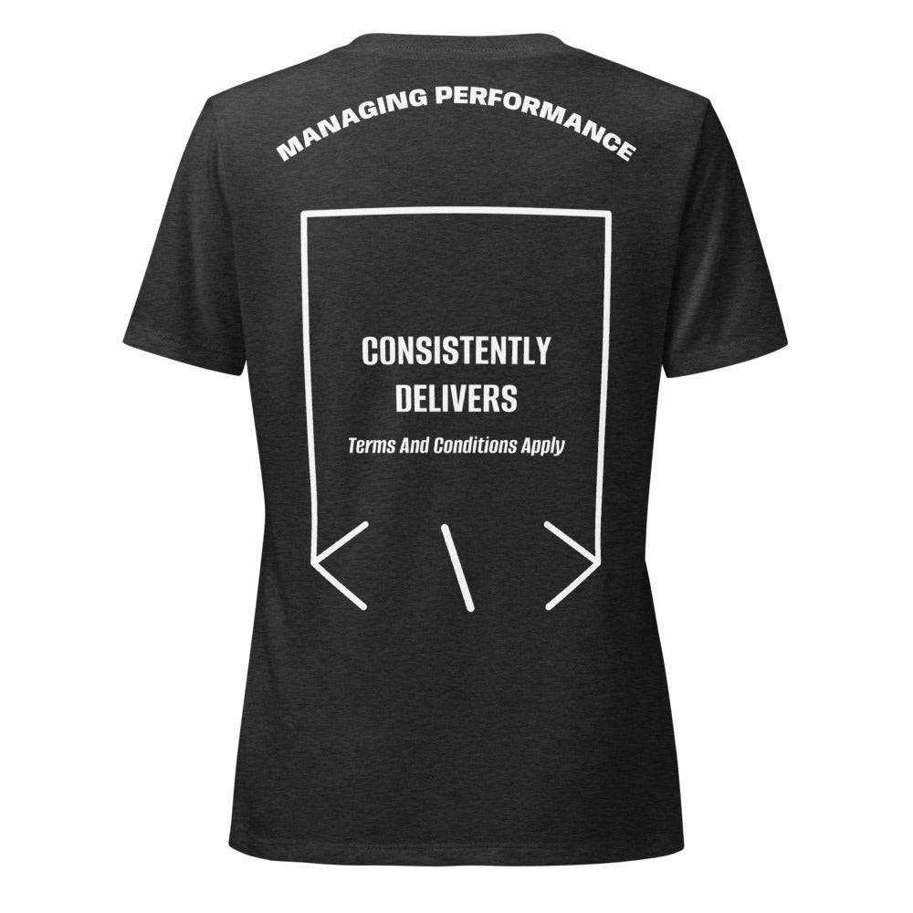 Consistently Delivers — Dark Grey Heather Solid White Blend back mockup