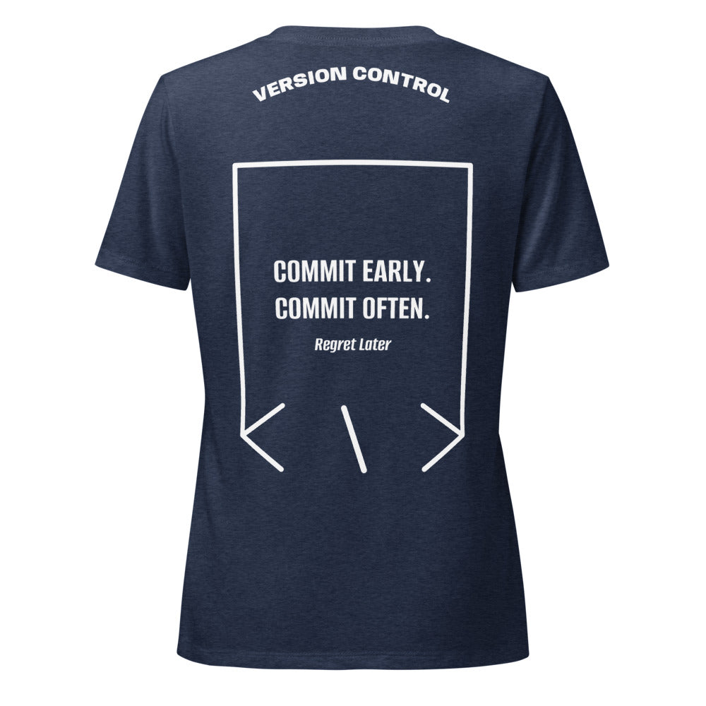 Commit Early. Commit Often. — Heather Navy Solid White Blend back mockup