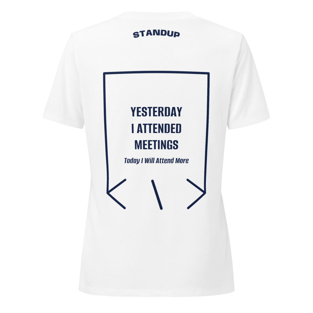Yesterday I Attended Meetings — Solid White Blend Heather Navy back mockup
