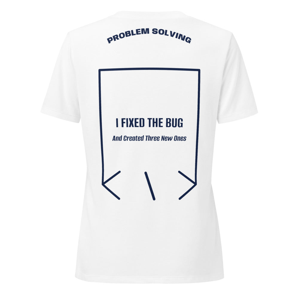 I Fixed The Bug — Solid White Blend Heather Navy back mockup