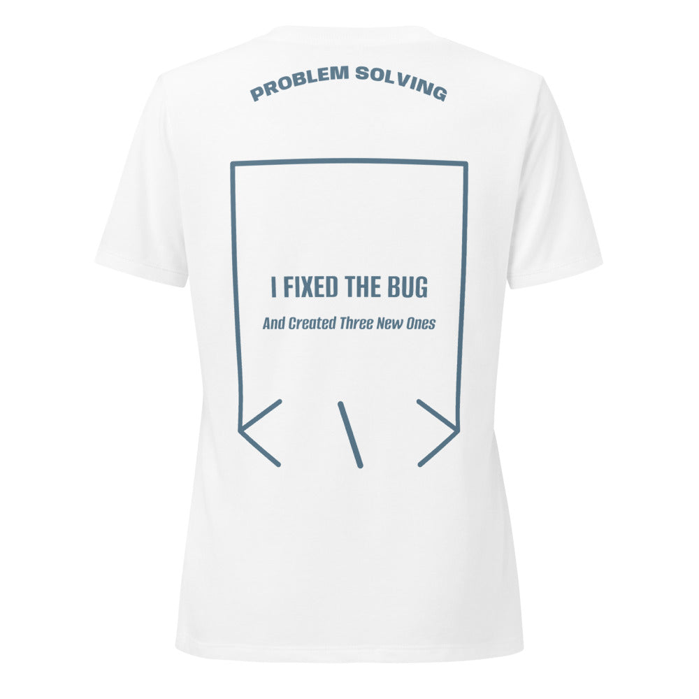 I Fixed The Bug — Solid White Blend Heather Slate back mockup