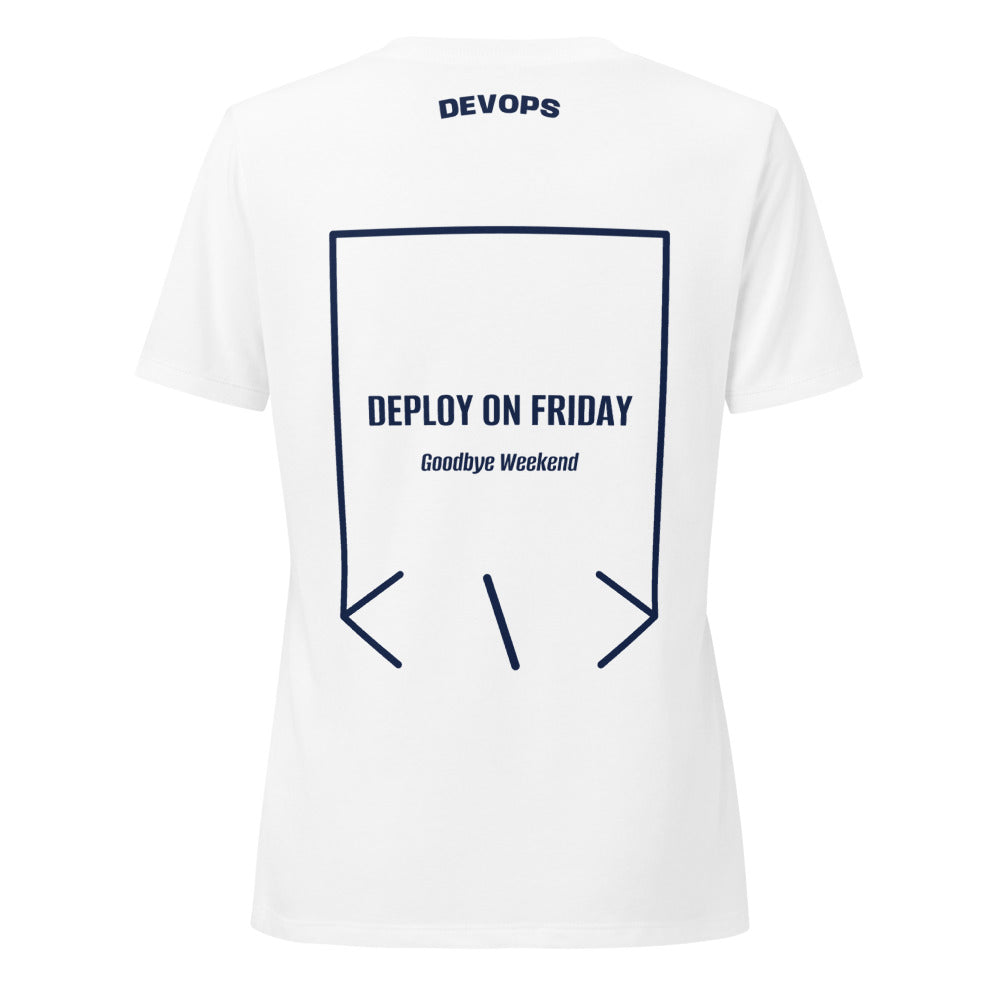 Deploy On Friday — Solid White Blend Heather Navy back mockup